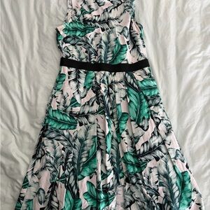 Tropical Leaf Print Dress with Black Wais